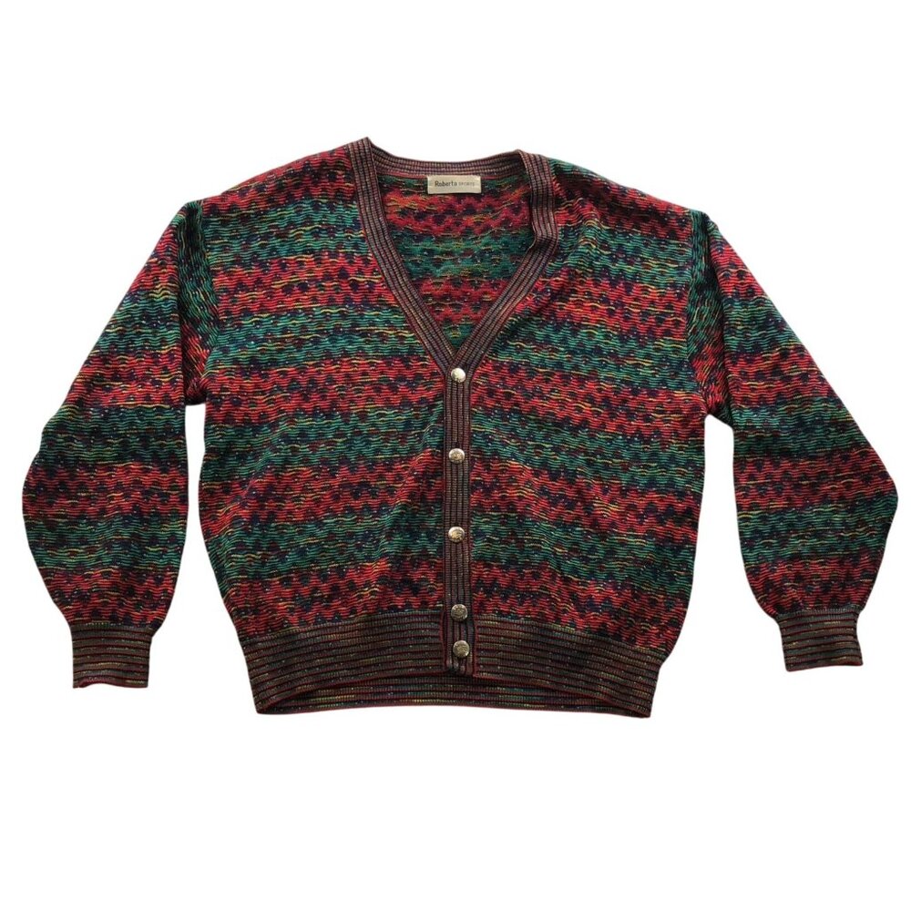 Vintage Roberta Sports Women's Cardigan Sweater Medium Multicolor Knit Button Up